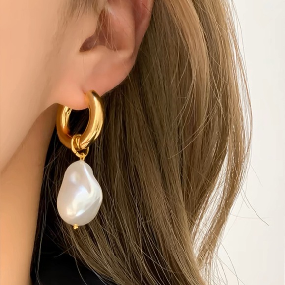 Gold Pearl Drop Earrings - Picture 1 of 8